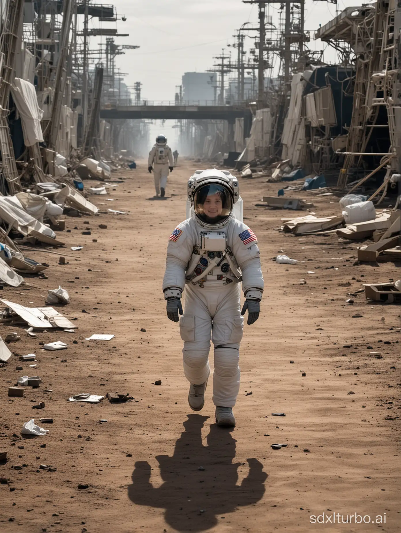The 10-year-old astronaut wanders around the outskirts of the space station.