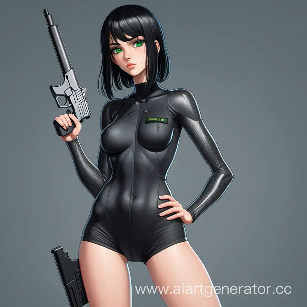 digital art, a tall girl with black hair, green eyes, in shorts and a tight bodysuit with a gun, full height