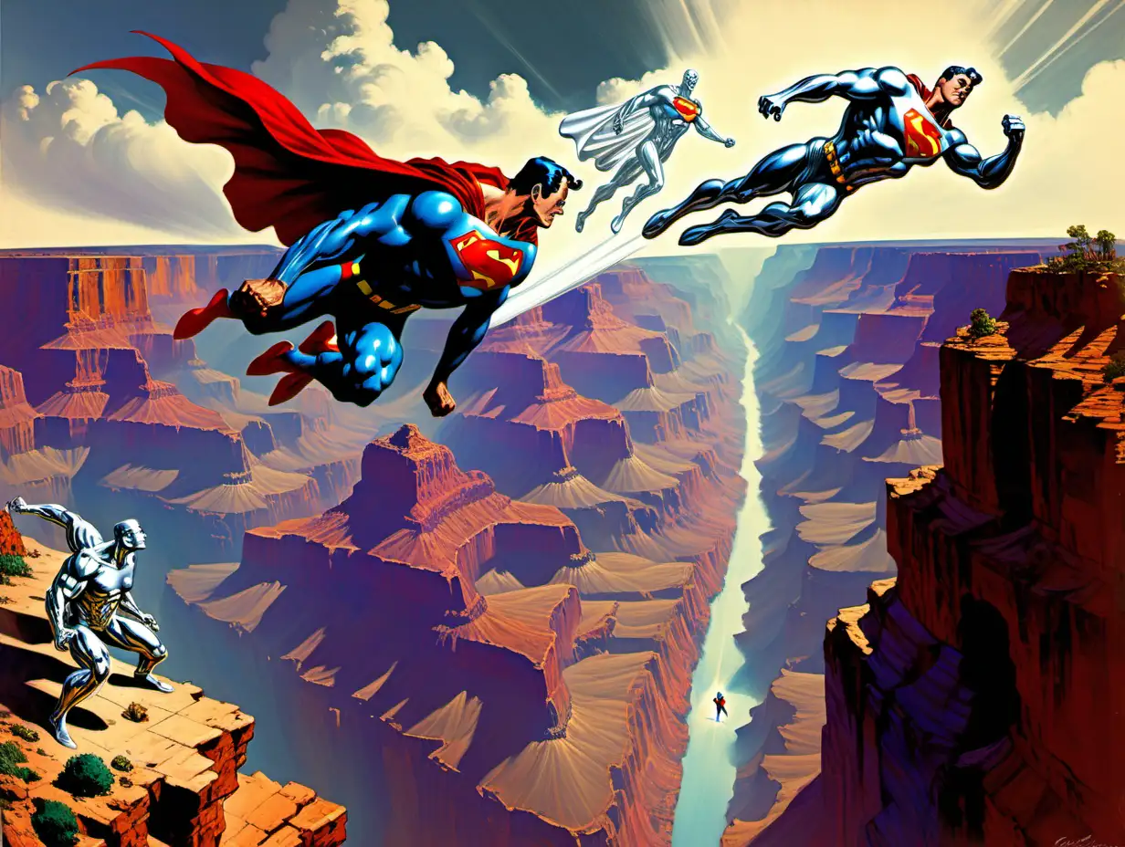 Superman and  Silver Surfer flying over the Grand Canyon Frank Frazetta style