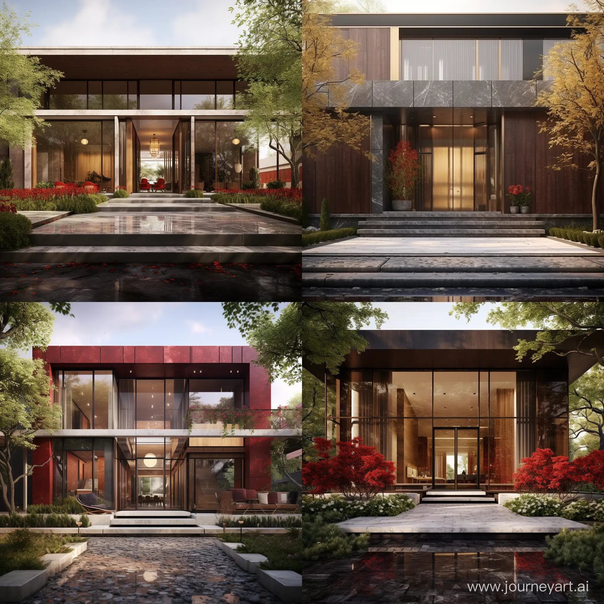  Image style Hyper realistic vray render .  view port/style  exterior view .Camera setting  Nikon d 850 . subject residential building ten floors .subject material brick wall Red Entrance door in the middle and marble ceram teravertine and textured rock The glass, like the glass of Prince Mahan's garden and the sash glass (Iran), are colored Iranian glass, and in the case of the glass, the stone shape of the windows is completely Iranian architecture. From Persepolis Persepolis Taq-e Bostan . Iranian architecture with the combination of modern and contemporary architecture, so that it can be said that the architecture of this place is based on Iranian architecture and its combination with post-modern, so that the spirit of the present time can be observed in it, along with completely Iranian architecture.. subject description   curves lines on the right hand side Above the entrance door curvilinear wall Statue of Mitra and Ahura Mazda like Persepolis (Achaemenid Homa statue in Persepolis The entrance door is like a round arch with Iranian architectural carvings but in Box model . Scene At the entrance of the stone pavement and next to the gardens like the Iranian gardens with a blue Persian tile on the side and behind the tower building in the center of the city, this house should be in an alley like Tehran's Niavaran neighborhood or Los Angeles' Beverly Hills. . Futuristic landscape . Atmosphere / light Golden hour lighting . aspect ratio 16:9