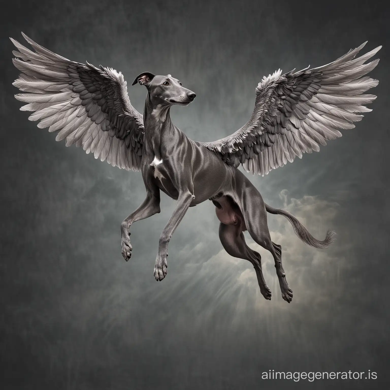Greyhound de color gris oscuro con alas de ángel volando