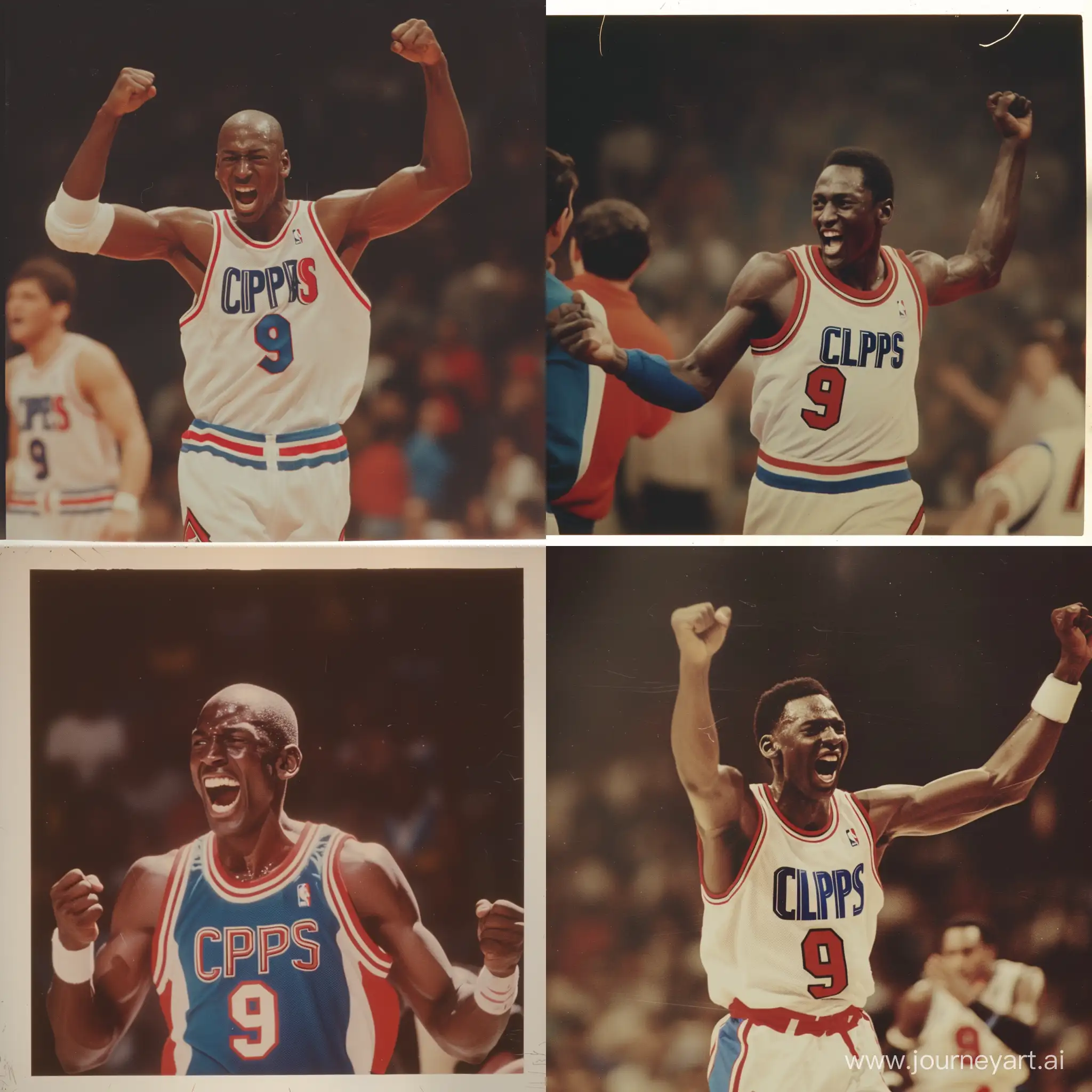 A 1980s photograph of a young Michael Jordan,wearing a Clippers,Jersey with the number 9,Celebrating after a Win