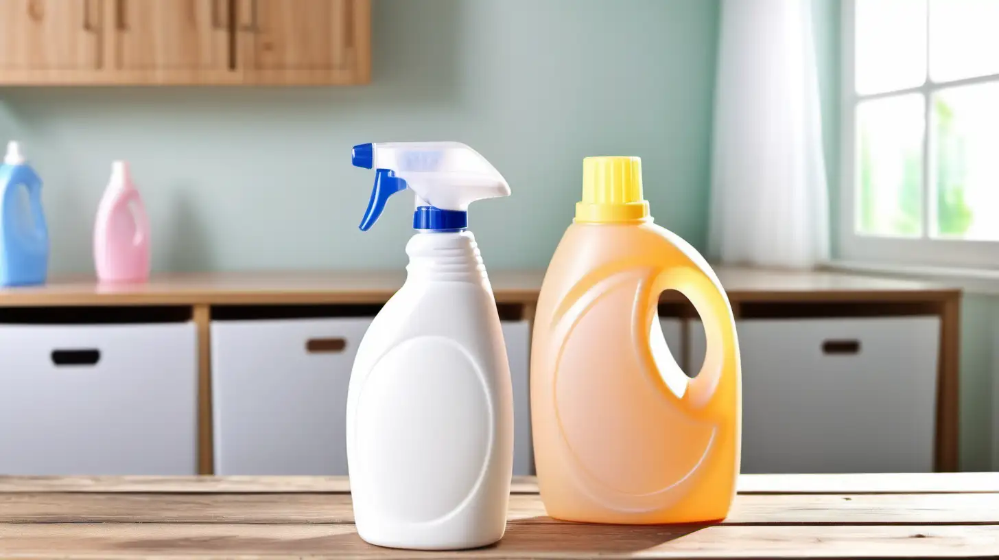 Plain detergent bottle on wodden table laundry room interior background blur