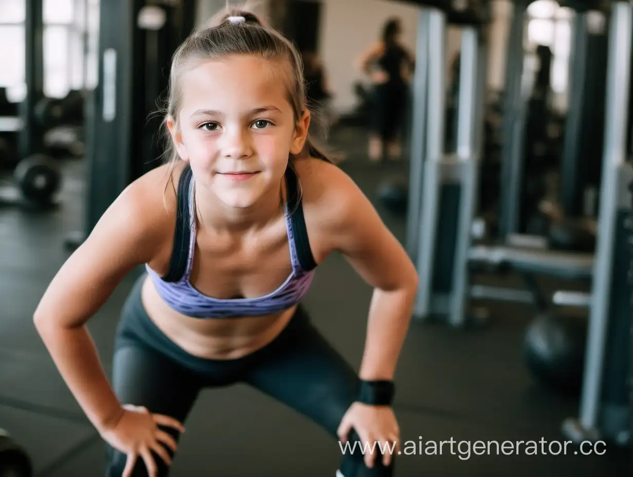 Older Kid girl wearing leggings and sports bra at a gym sweaty