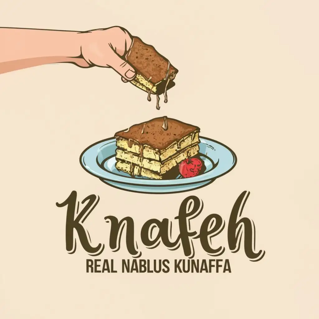 logo, A hand holding a spoon of a piece of knafeh and the cheese falls from the piece, with the text "Real nablus kunafa", typography