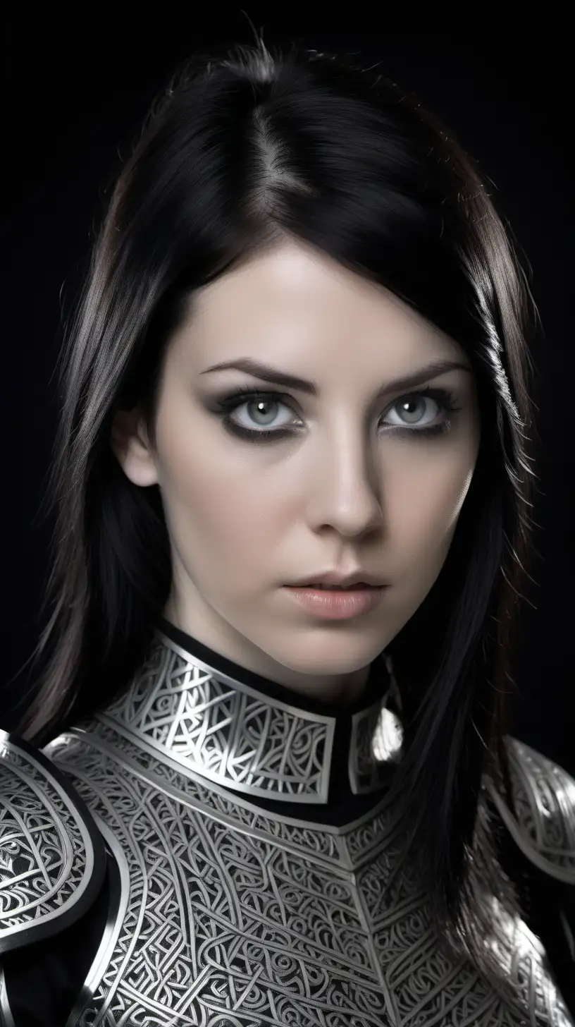 Portrait of the upper body and face of a 28 year old woman with silver eyes.
White skin.
Black straight hair.
Wearing black blouse under silver armor with intricate black pattern woven into it.
Black background in image.