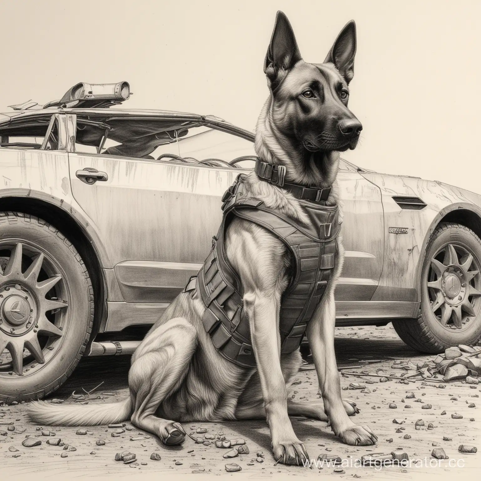 Собака малинуа. В собачьем бронежилете. Сидящая у разбитой машины. Рисунок карандашом.