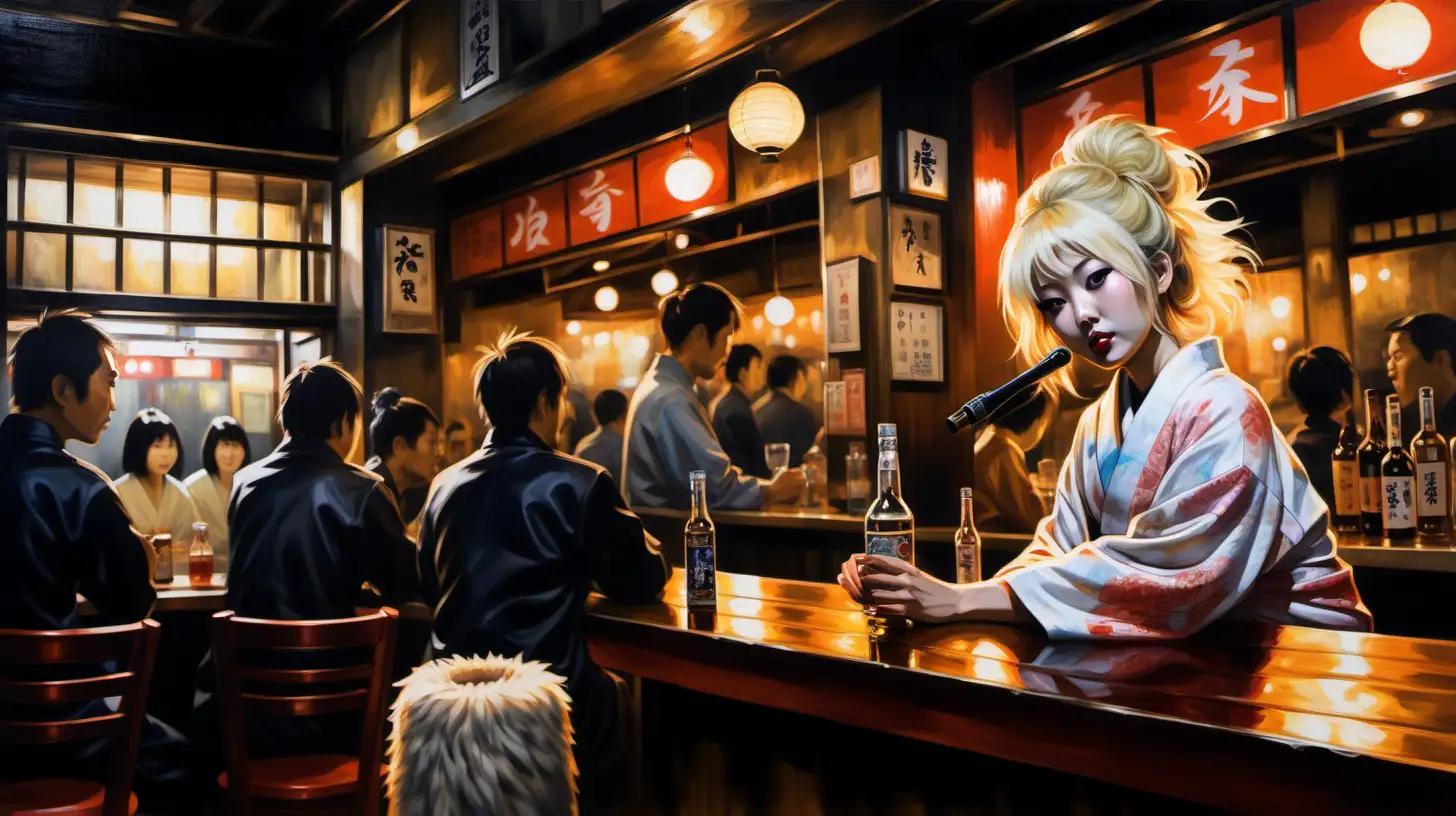 detailed post-expressionist oil painting of a Japanese izakaya bar, with a 30 year old female singer in a yukata and fur boa, with died blond hair 金髪,  customers drinking in a Tokorazawa town small bar, atmosphere is stylish but melancholy 