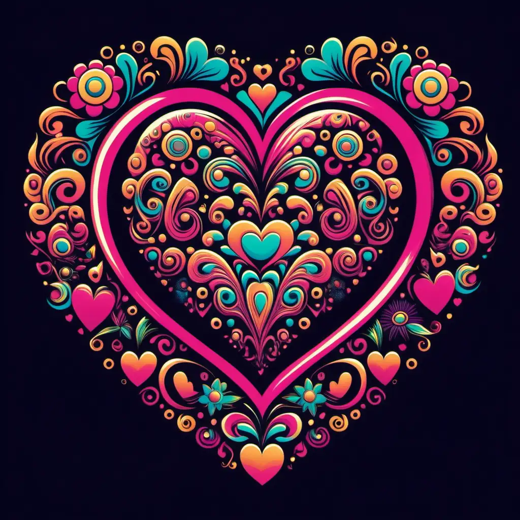 Retro Valentine Heart TShirt Design with Flowers and Psychedelic Patterns