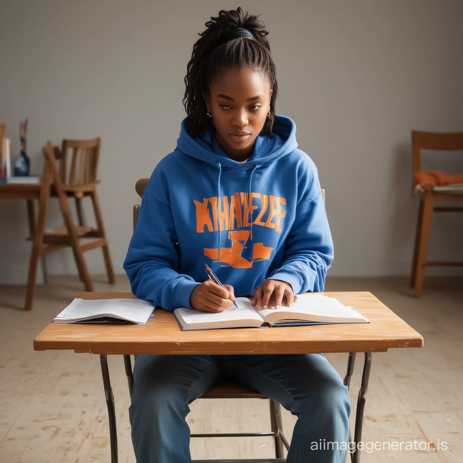 A young black lady in a blue hoodie with the word 'KHAYZEE' boldly inscribed on it in orange colour sitting cross legged on a chair. There's a low table with an opened book in front of her with a pencil, eraser and ruler next to it. She's holding a pen and her hair is covered with the hood