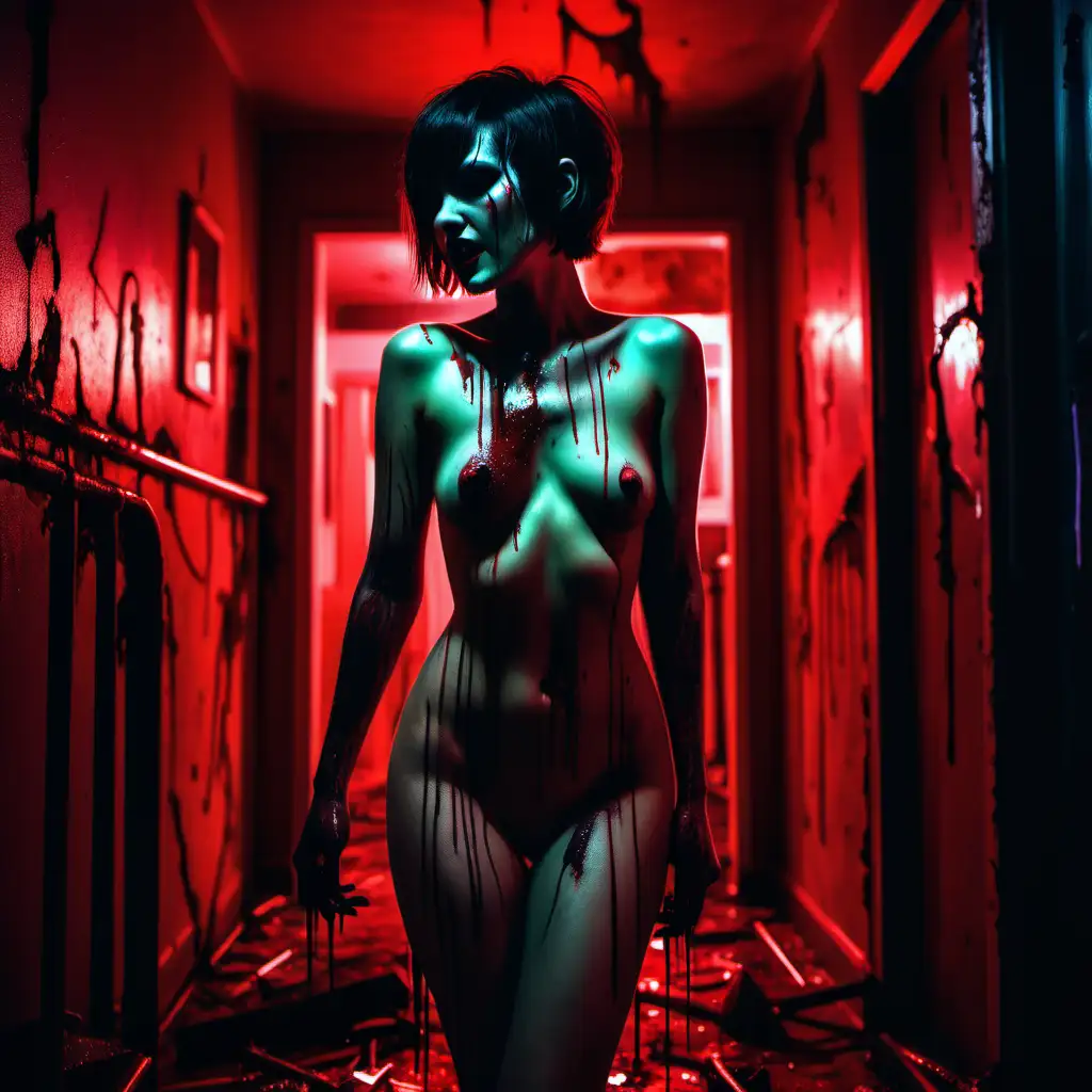 Goth girl, Short hair, Red neon lights, wrecked hotel, Covered in blood, fangs, nude, bum