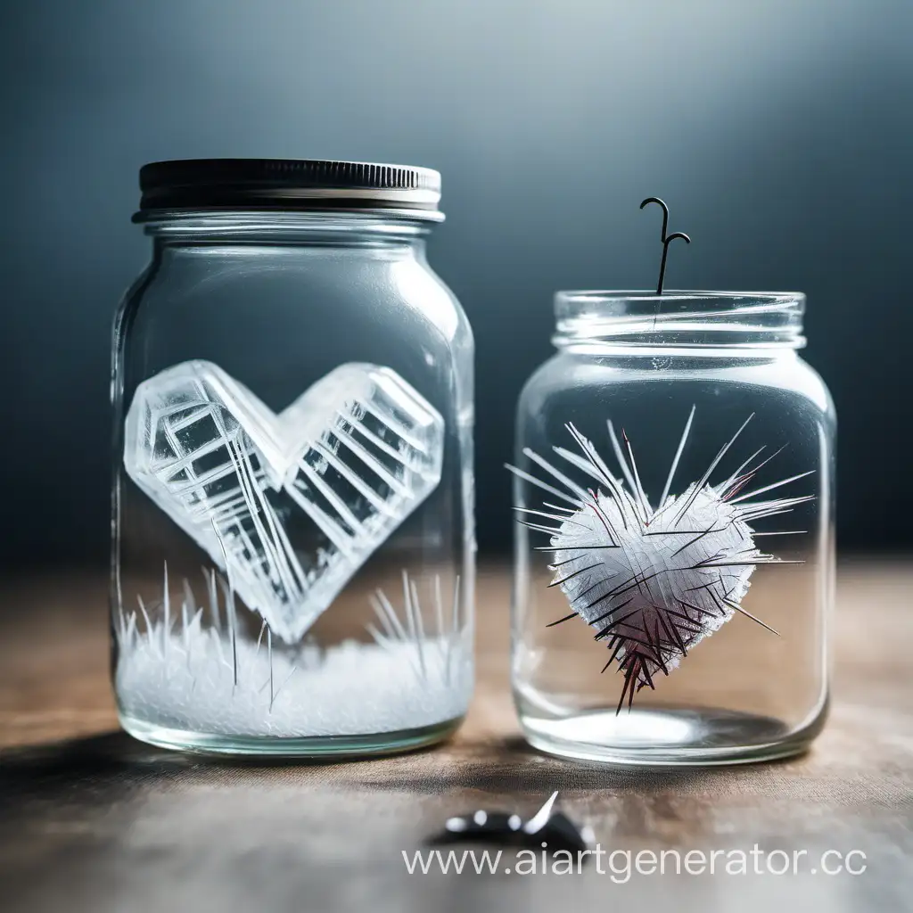 An ice heart in a glass jar and next to it a heart in needles in a glass jar