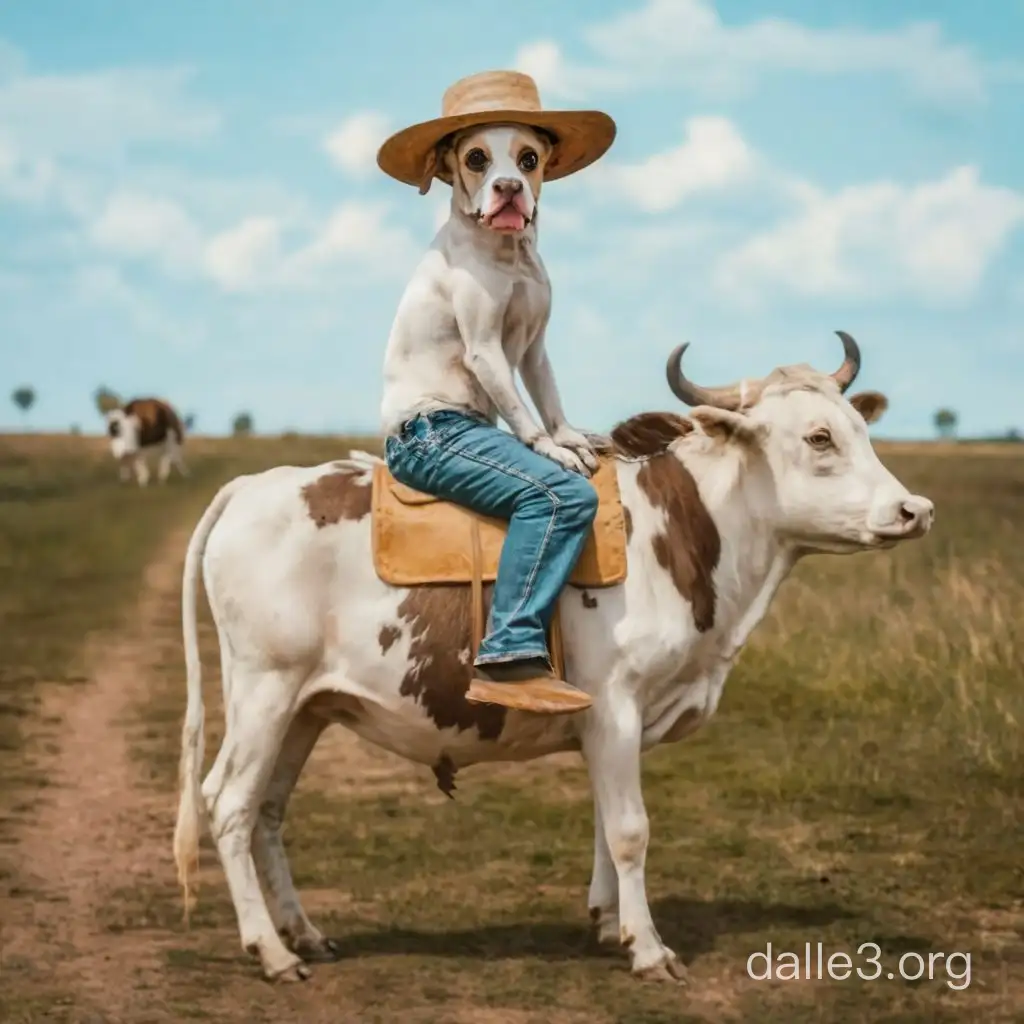dog riding a cow while wearing a straw hat and a jeans