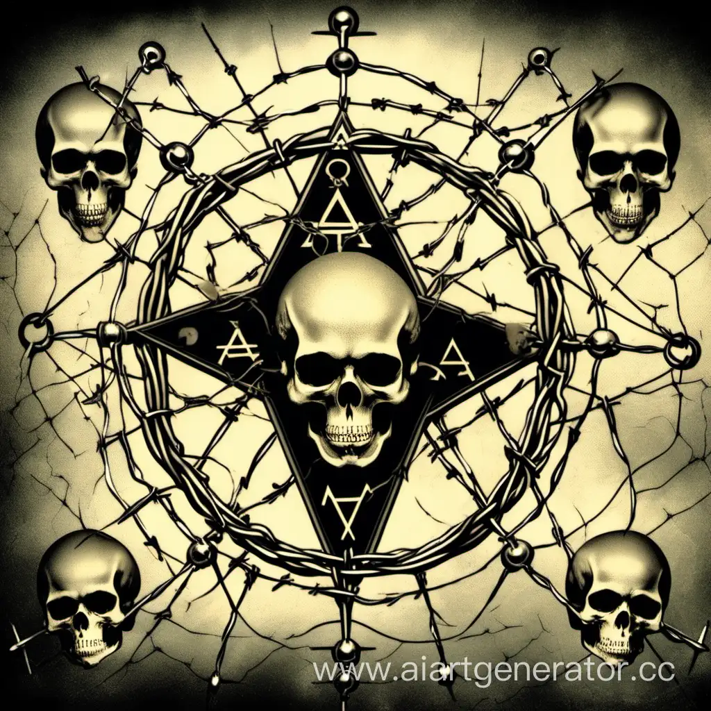 знак атома в оккультной массонсой форме, вокруг него черепа, колючая проволока, гвозди вбитые в черепа