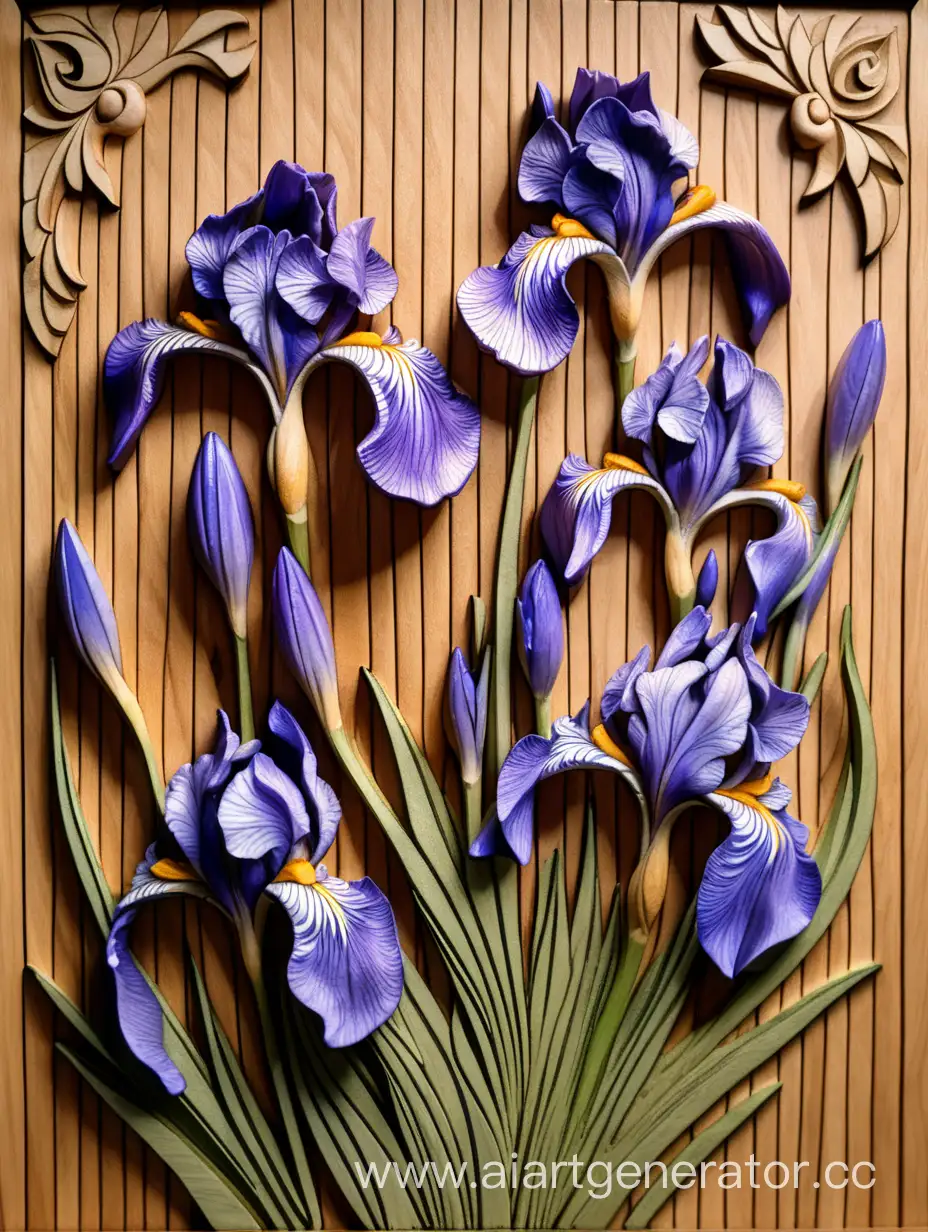 Artistic-Wood-Carving-of-Irises-Detailed-Floral-Design-Crafted-on-Wood