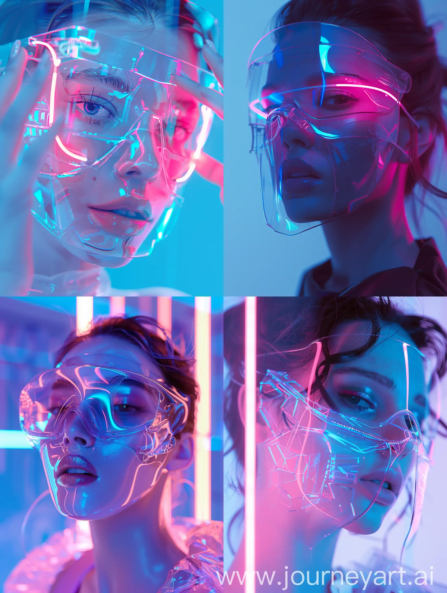 a beautiful woman using transparent glass mask, cyberpunk, with subtle pink and blue gradients, neon lights, backlight, pastel colours, sci-fi, realistic, hight quality, futuristic, techpunk.