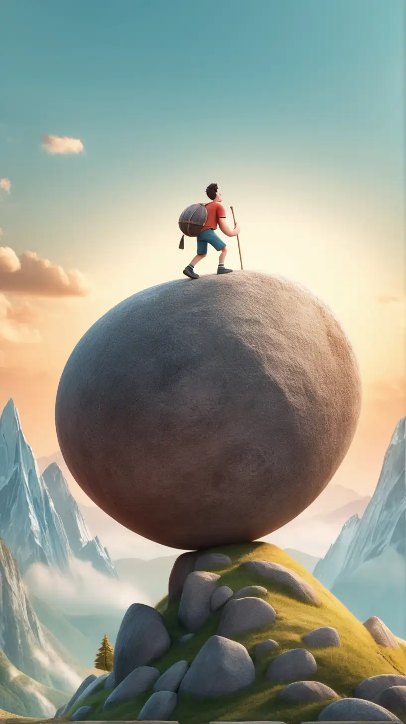 Create a 3D illustrator of an animated scene where a man is standing on a mountain, pushing a huge round Rock from the top of the mountain. Beautiful and spirited background illustrations.