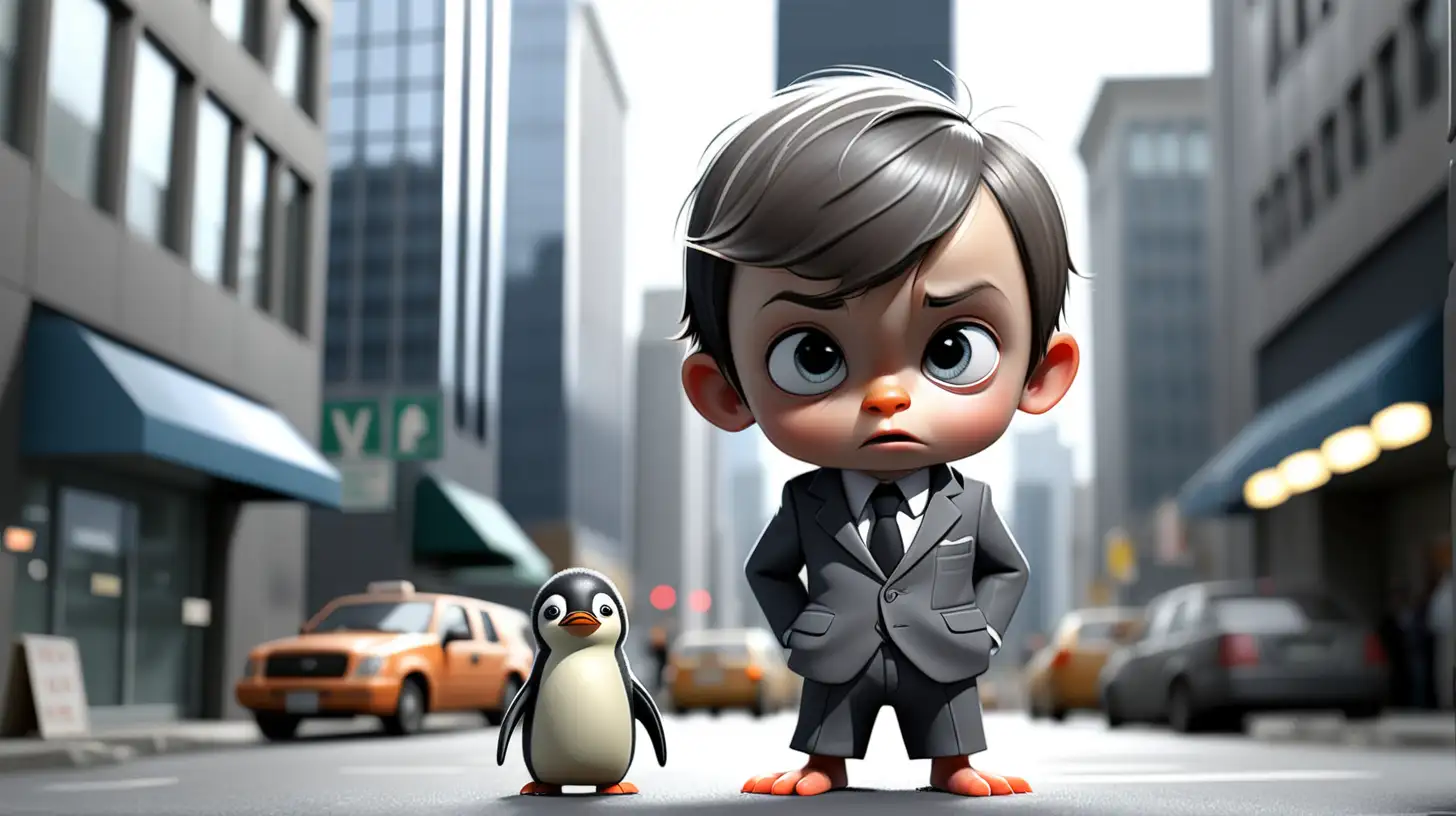 Determined Little Boy in Grey Suit and Tiny Penguin at Lost and Found Amidst City Bustle