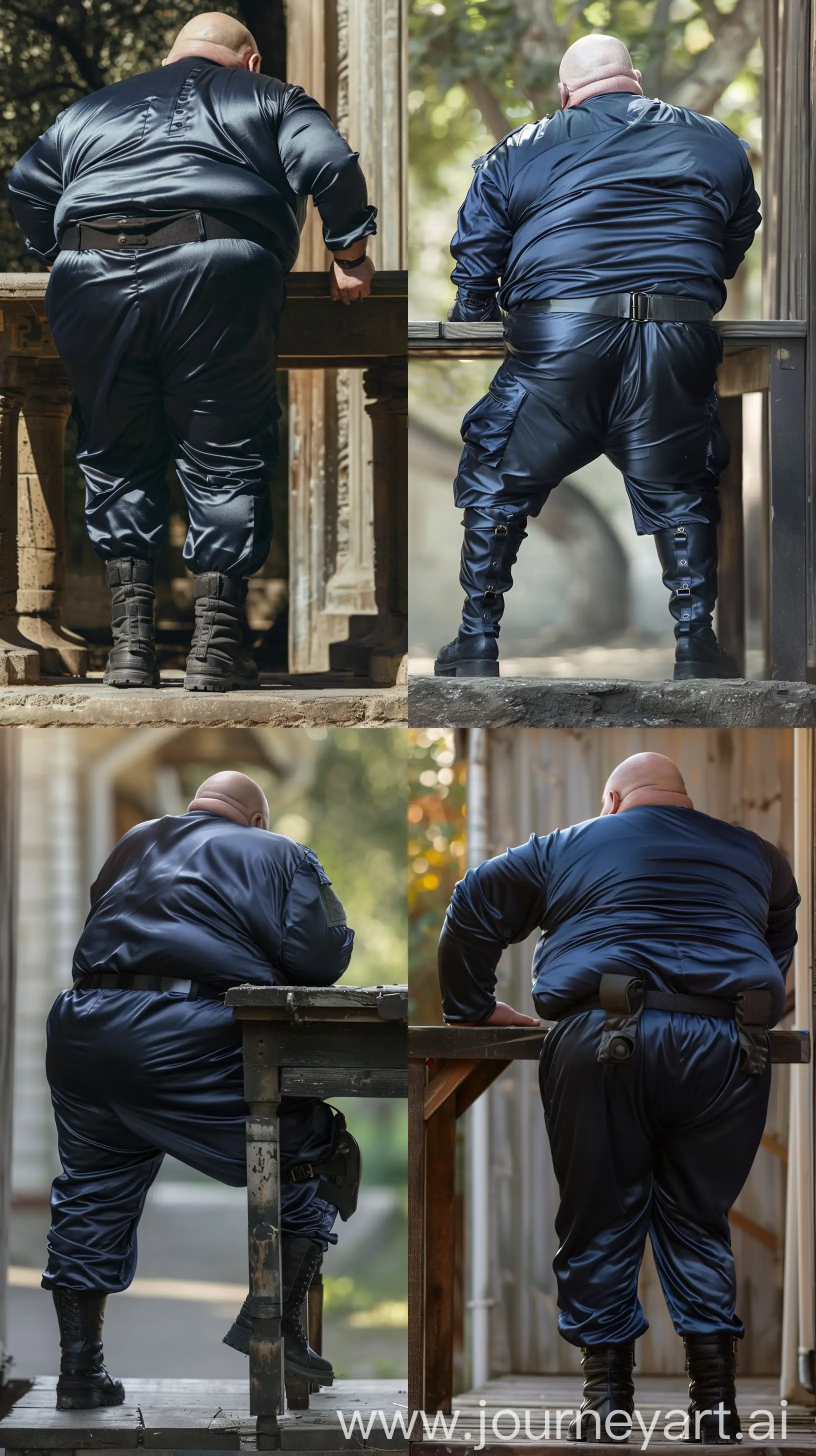 Close-up full body back view photo of a very fat man aged 60 standing next to a very high table. The man is wearing silk navy tight battle coverall in black tactical boots and a black tactical belt. Legs straight and leaning forward on both hands placed on the table. Outside. Bald. Clean Shaven. Natural light. --ar 9:16