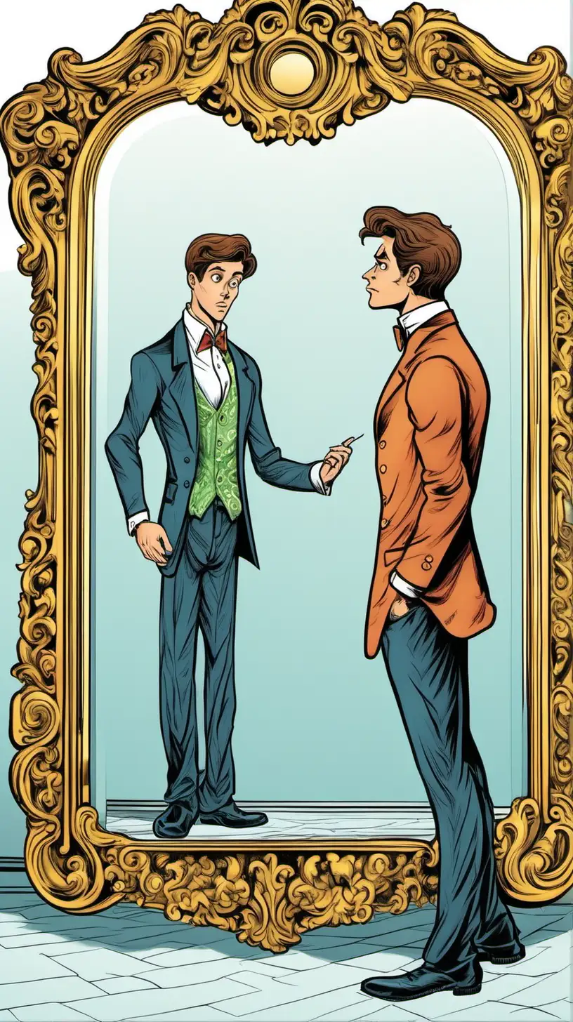 Cartoony Color:  A young handsome man looks into a full- sized , ornate mirror.
