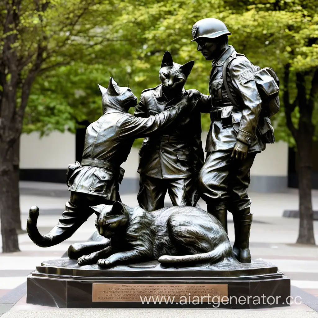 Бронзовый памятник где будет изображен кот, который стоит между двумя израненными солдатами, протягивающий лапы обоим из них.