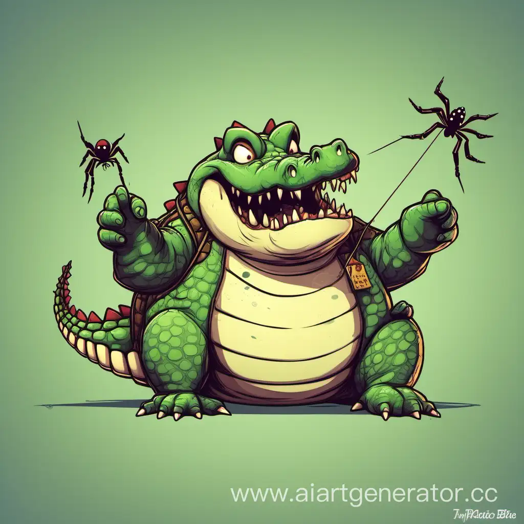 Adorable-Chubby-Crocodile-with-Playful-Spider