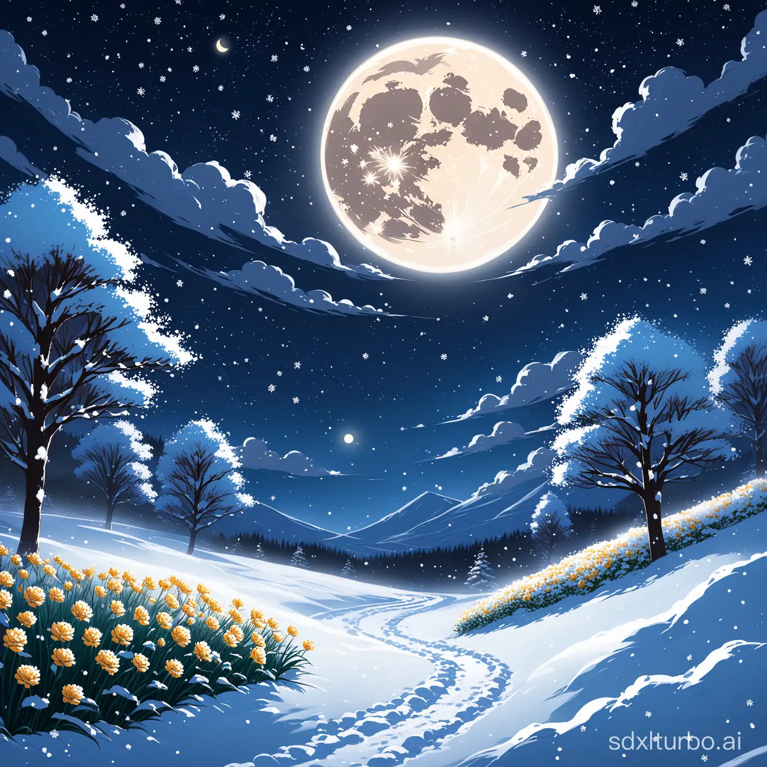 Nighttime-Scene-with-Wind-Flowers-Snow-and-Moon