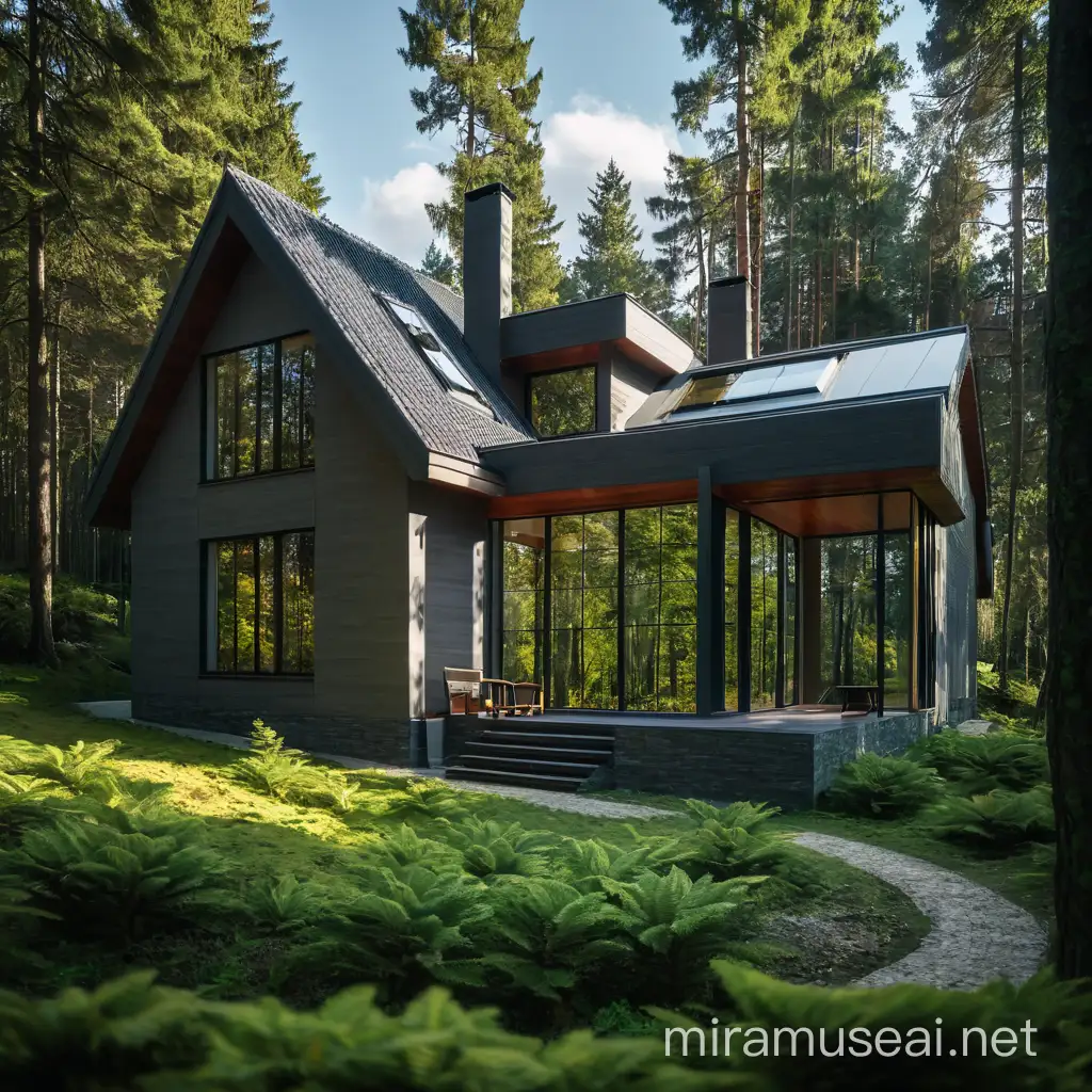 дом с  большим окном в лесу с небом
