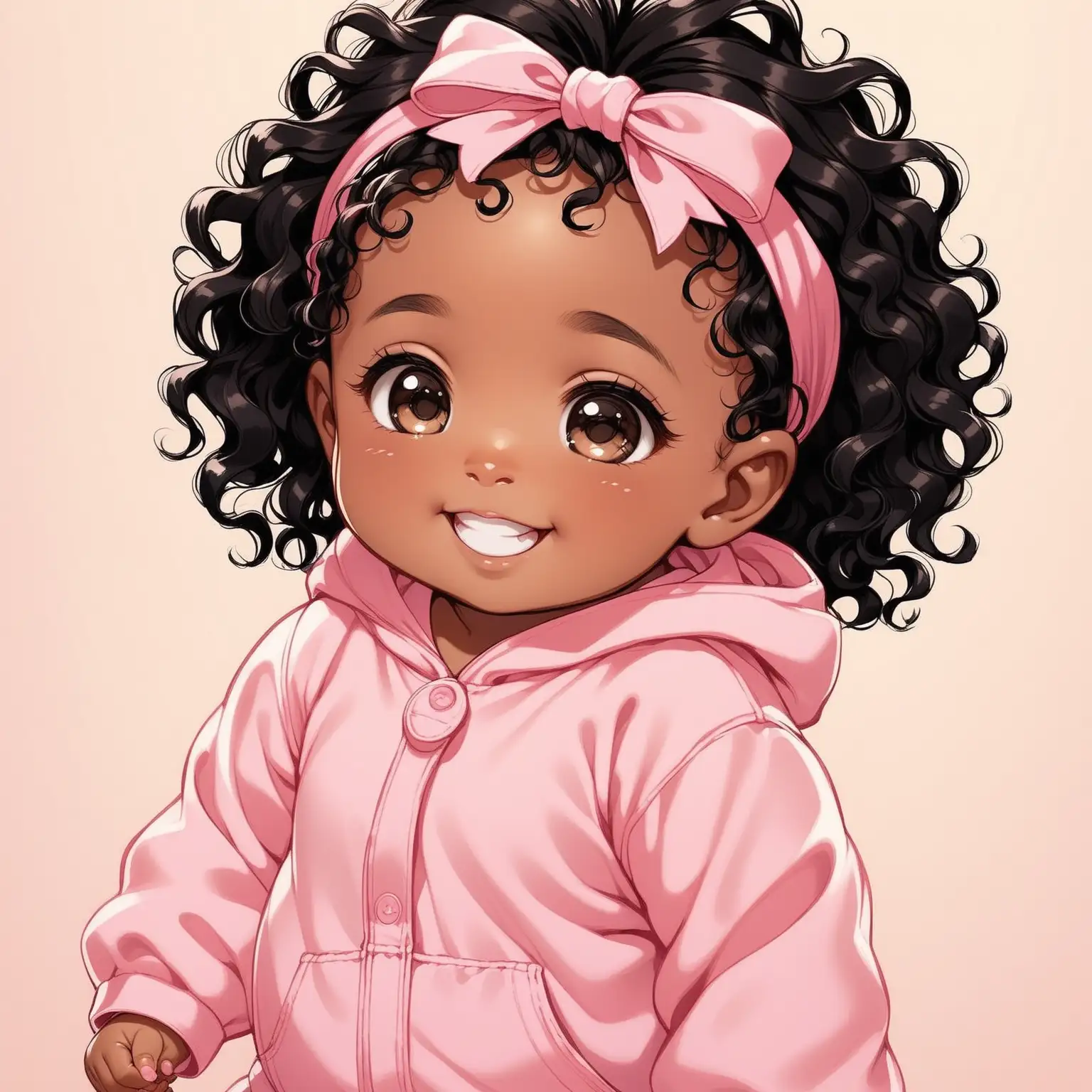 Cheerful African American Baby Girl with Curly Hair in Pink Outfit Smiling