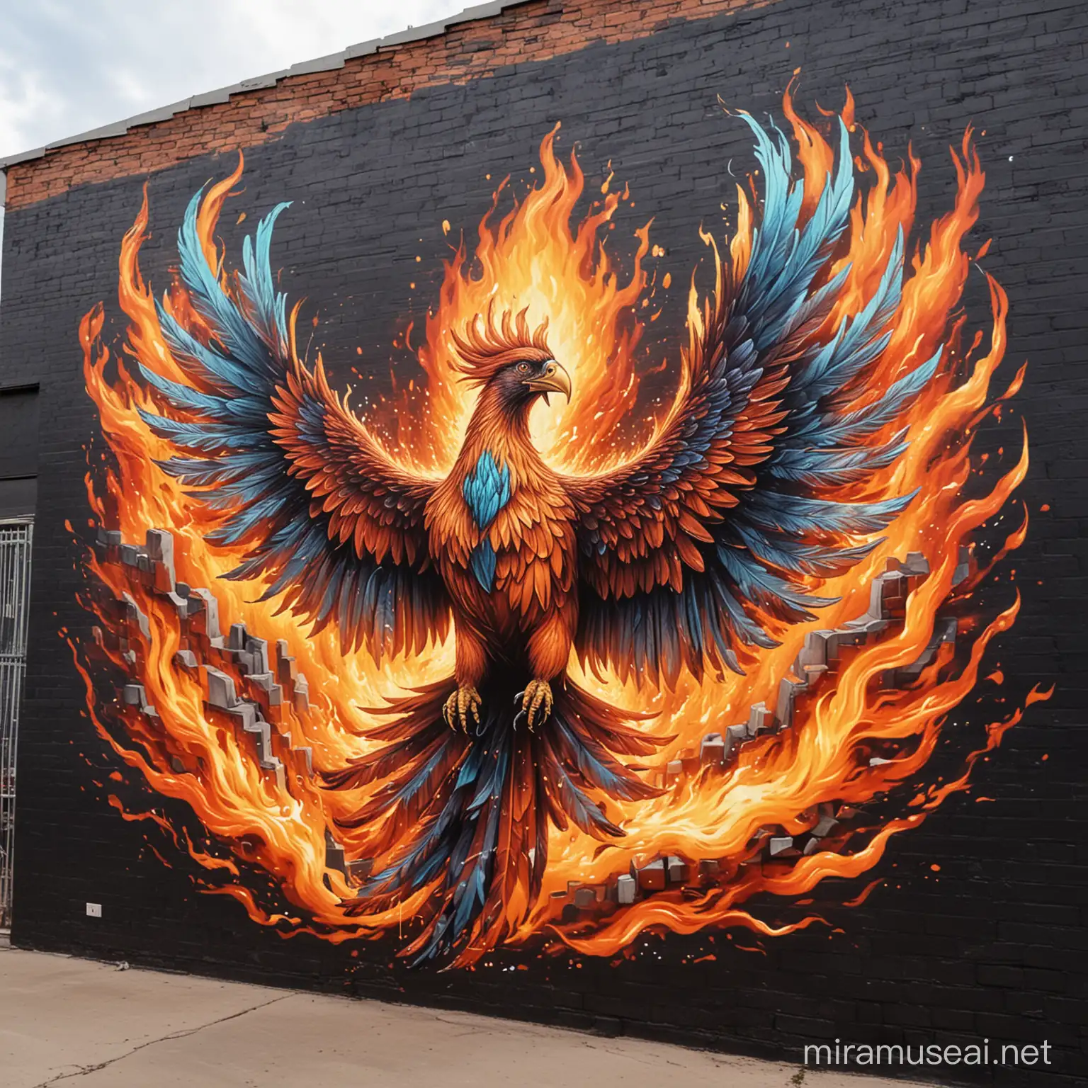 Fiery Phoenix Graffiti Art Mural on Urban Wall