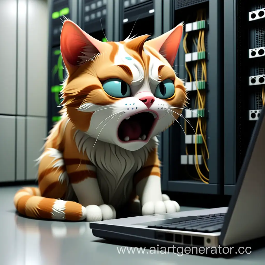 cat sitting in the server room at the laptop, crying