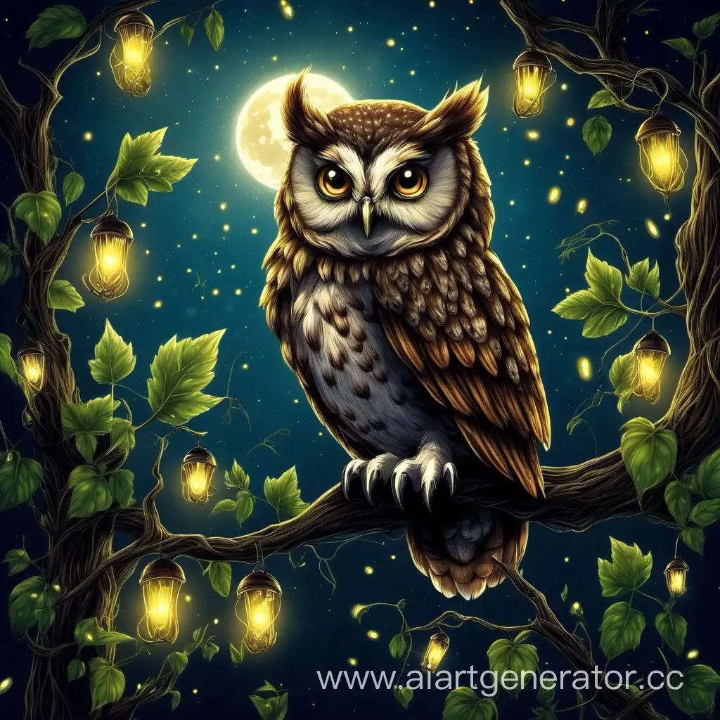 Majestic-Owl-Perched-on-Branch-at-Night-Amidst-Glowing-Fireflies-and-Vines