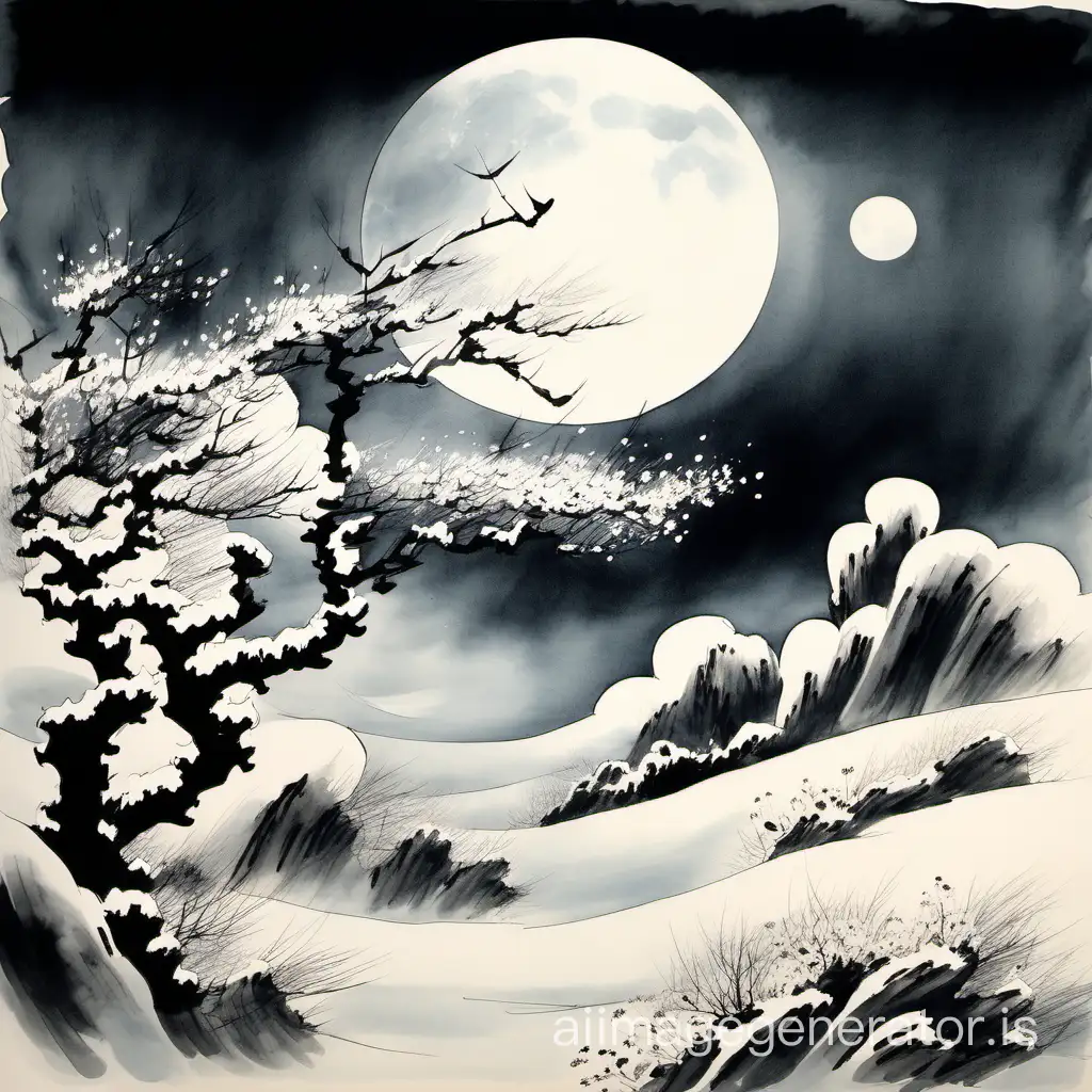 wind, flowers, snow, moon, night time, Chinese ink painting