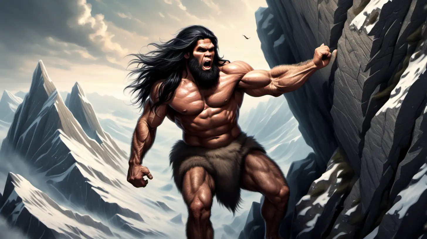 muscular caveman with long black hair climbing a massive mountain,