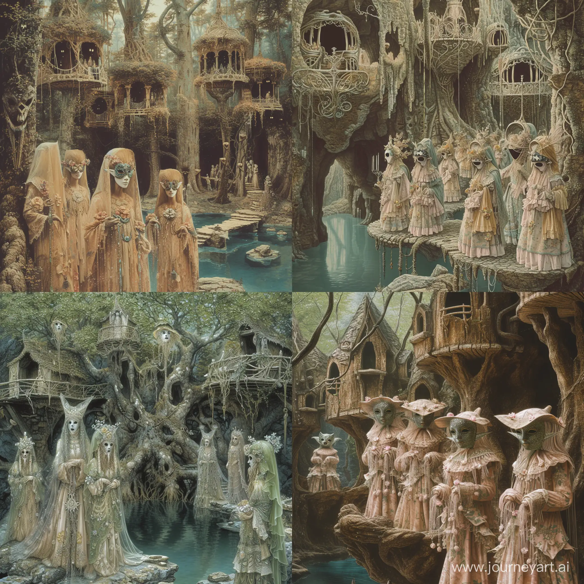 a bunch of Feyweavers wearing Elven-inspired, ethereal garments adorned with shimmering threads. Pastel colors and delicate flower motifs. Masks resembling woodland spirits and fairies, in  A hidden glade within an enchanted forest. Treehouses connected by graceful bridges, and magical pools surrounded by ancient stones that resonate with mystical energy ,1970's dark fantasy style, gritty, dark, vintage, ultra detailed