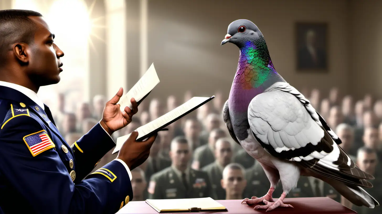 a realistic image of a messenger pigeon getting sworn in to the US Army 