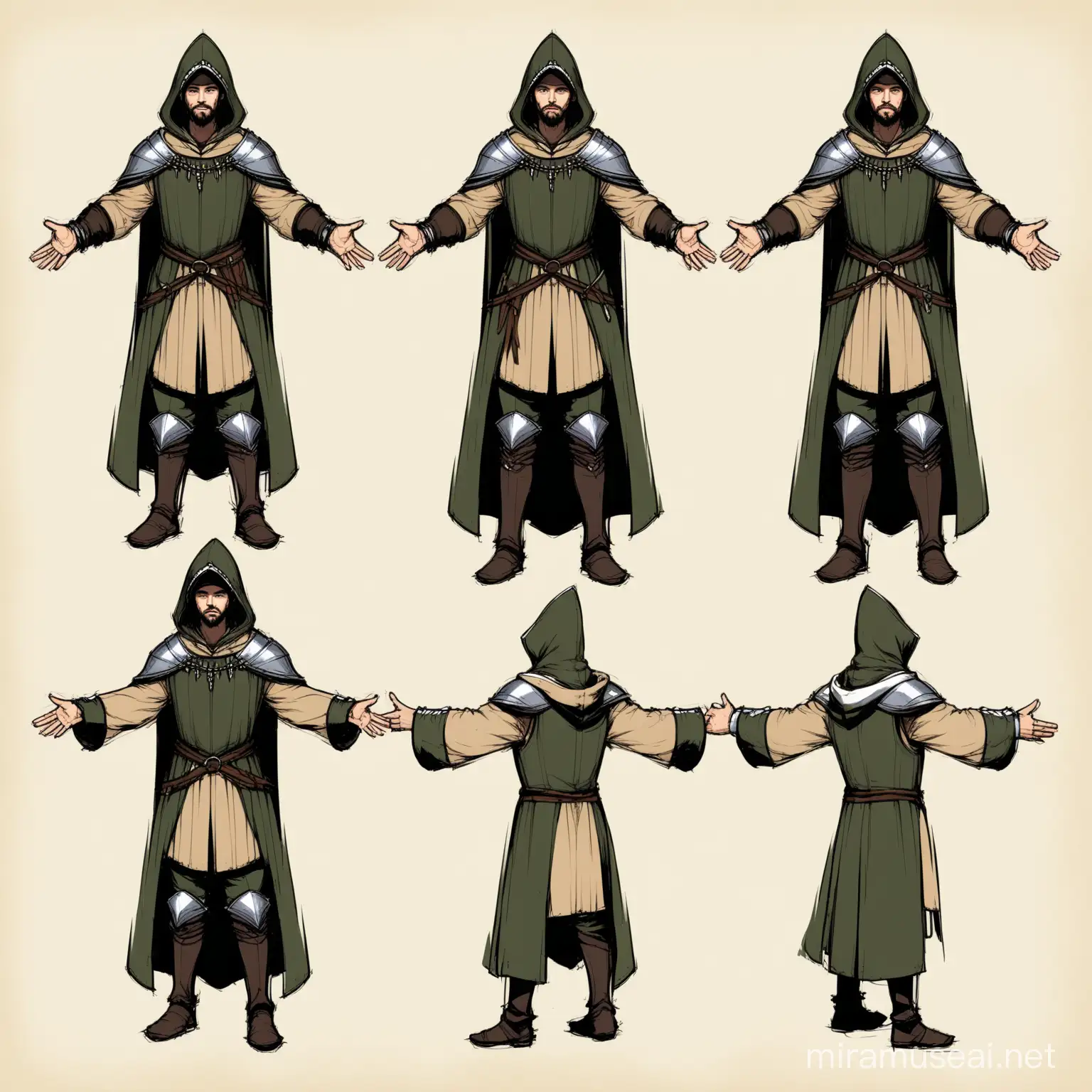 Medieval Male Outfit Concept Art Hooded Figure with Outstretched Hands