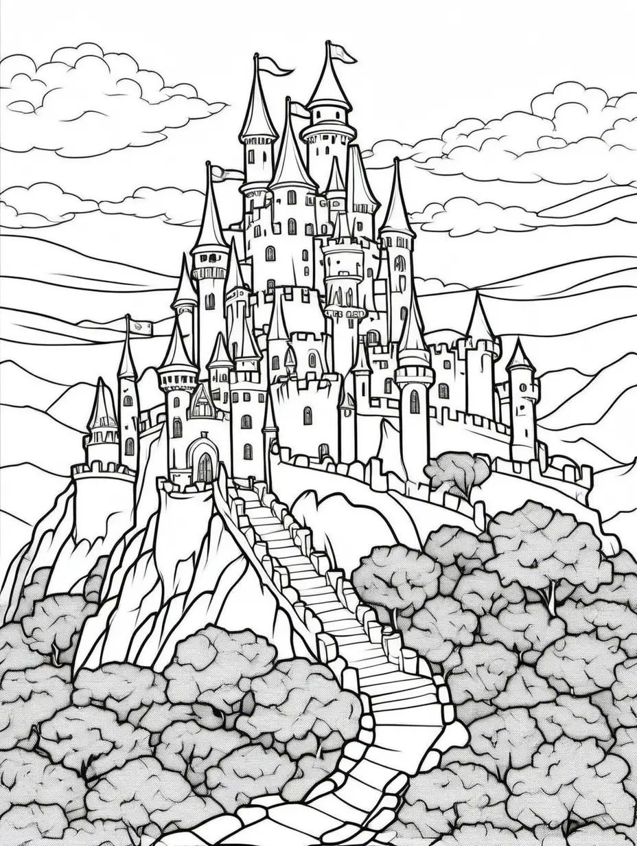 castle on hill, outline only for coloring book
