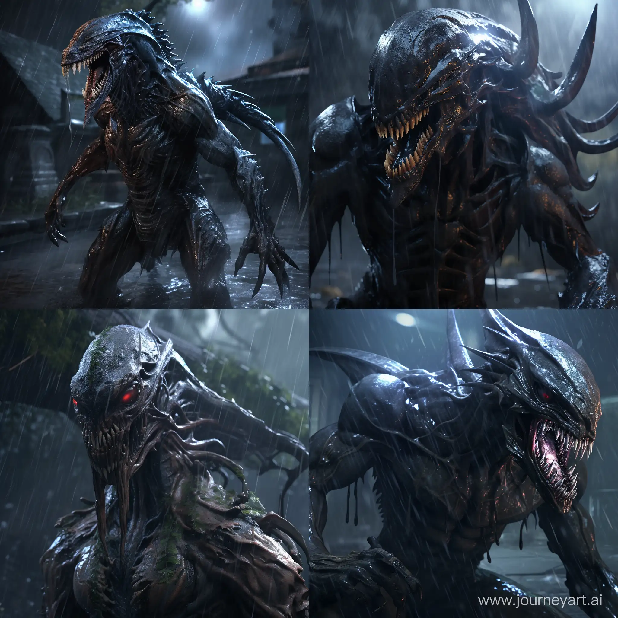 Xenomorph-Alien-Standing-in-Ambient-Rain-Dark-SciFi-Extraterrestrial-Creature-in-4K-Resolution