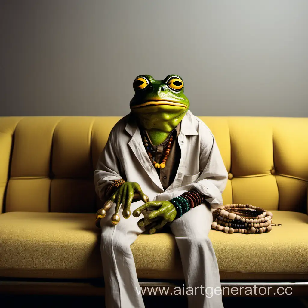 a frog with long straight brown hair, in an oversized linen shirt, wooden beads, many thin bracelets on his hands, round glasses with thin steel, sitting on a yellow sofa, against the background of gray wallpaper, realism