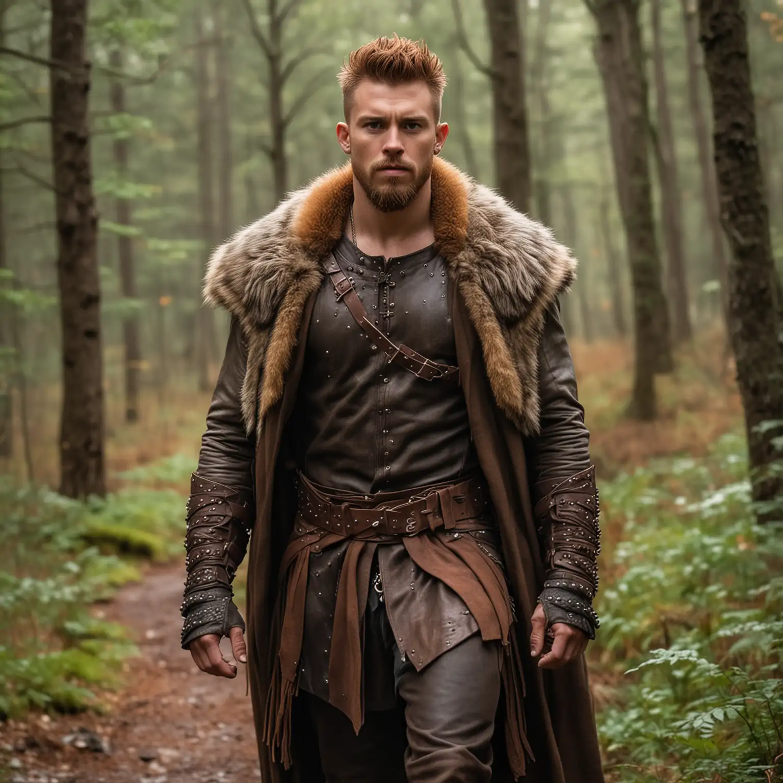 1 man. He is a fantasy ranger with a brown fur cloak over is brown and tan leather studded armor. He has reddish brown fauxhawk hair that is shaved on the sides and a short Viking beard. He is handsome and muscular. He is walking through a forest. He has an serious expression.