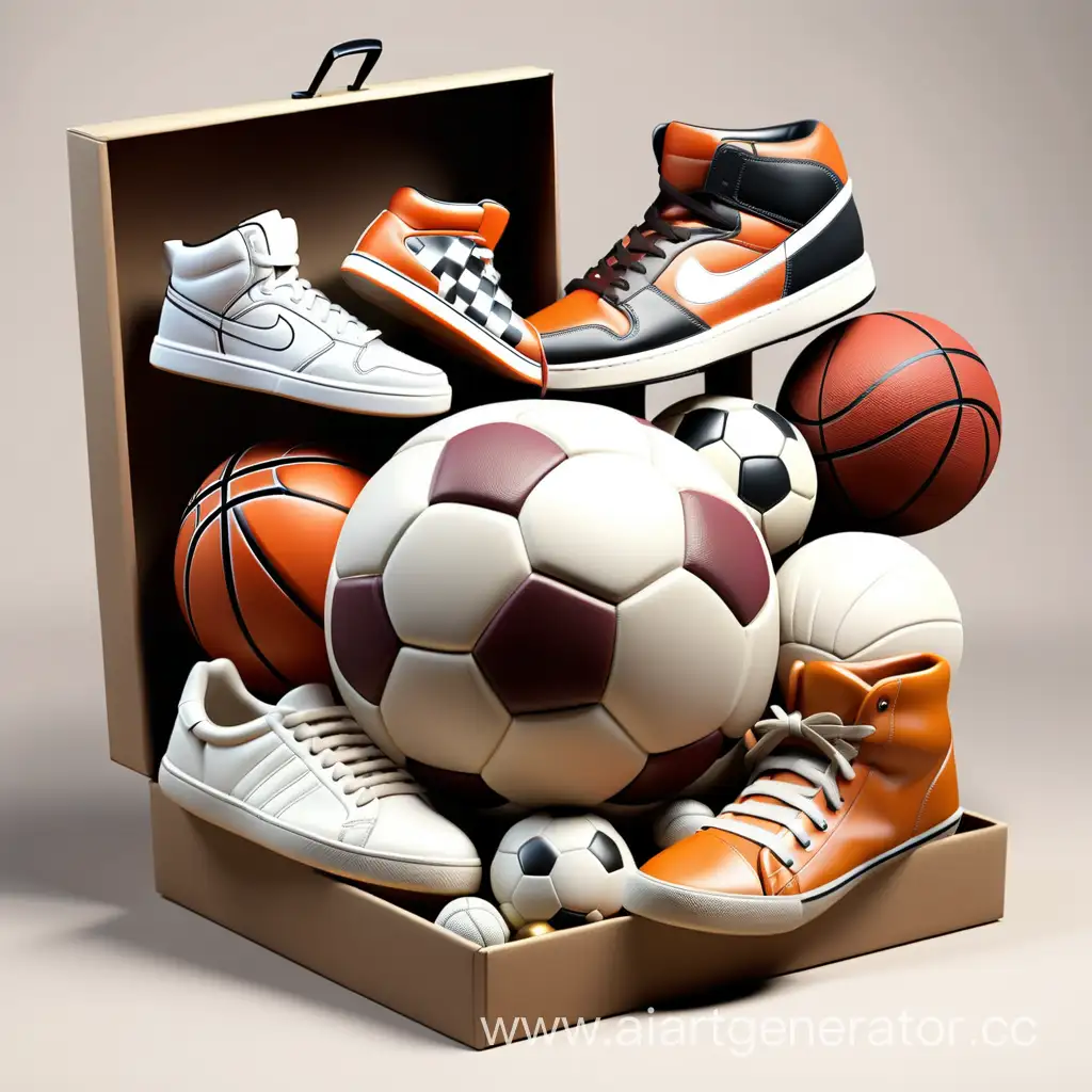 коробка из которой вылетает различный спортивный инвентарь (футбольный мяч, волейбольный мяч, баскетбольный мяч, кроссовки, шахматы, шашки)