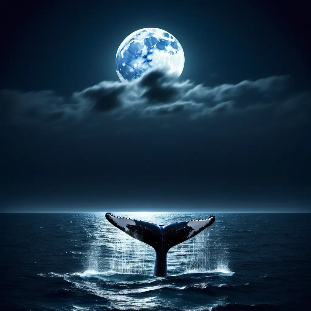 Moonlight on a calm open ocean with a whale surfacing