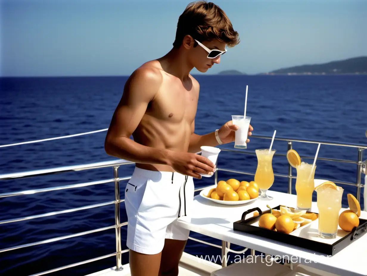 An athletic 18 year old boy is on the deck of a large luxurious yacht. He is shirtless, but is wearing very short white tennis shorts, and white tennis shoes.  There is an afternoon party in progress at which all male businessmen are present.  The boy is serving drinks on a serving tray to men who are wearing sunglasses and are seated in lounge chairs situated on the deck overlooking a blue sea. As the boy serves drinks, he bends down at the waist as he serves with his free hand held behind his back like a servant. He has a neutral look on his face, but one of the men tucks a one hundred dollar bill into the pocket of his shorts.