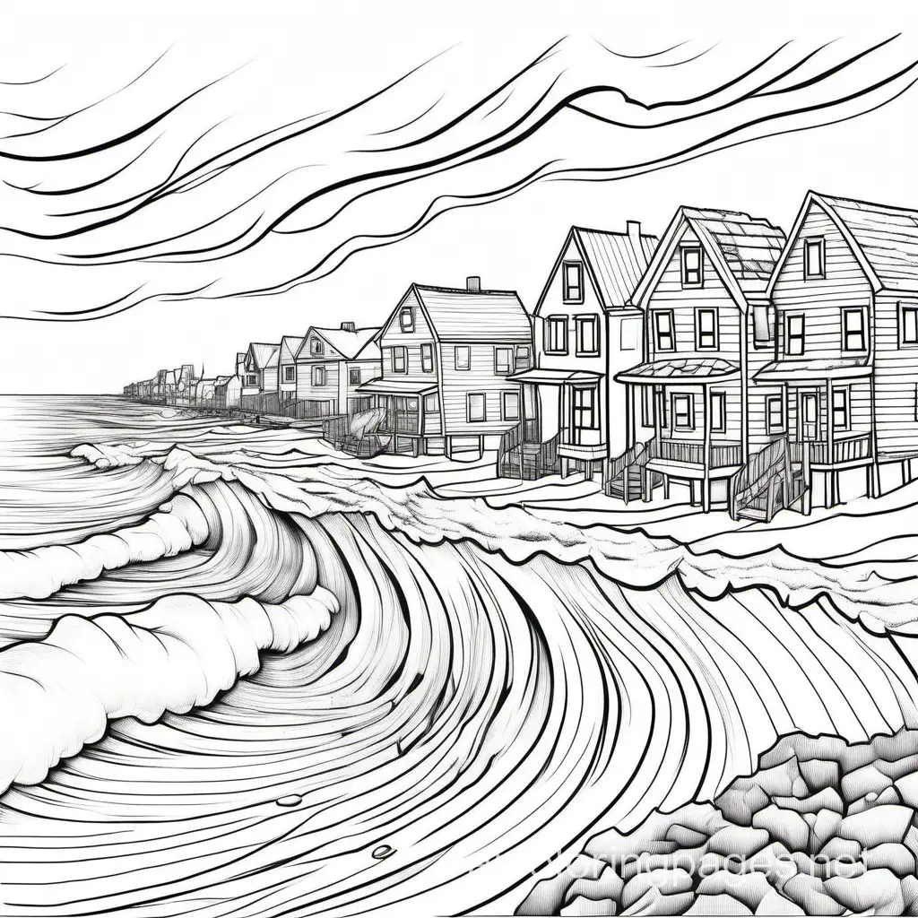 coast with damaged homes with storm, Coloring Page, black and white, line art, white background, Simplicity, Ample White Space. The background of the coloring page is plain white to make it easy for young children to color within the lines. The outlines of all the subjects are easy to distinguish, making it simple for kids to color without too much difficulty