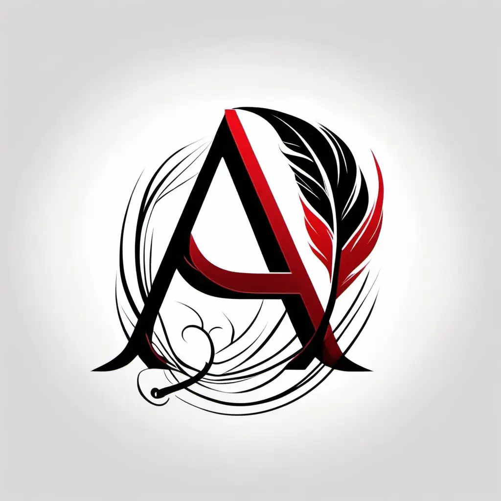 logo for a writer with the letter A in scarlet red, quill pen in black with white or transparent background