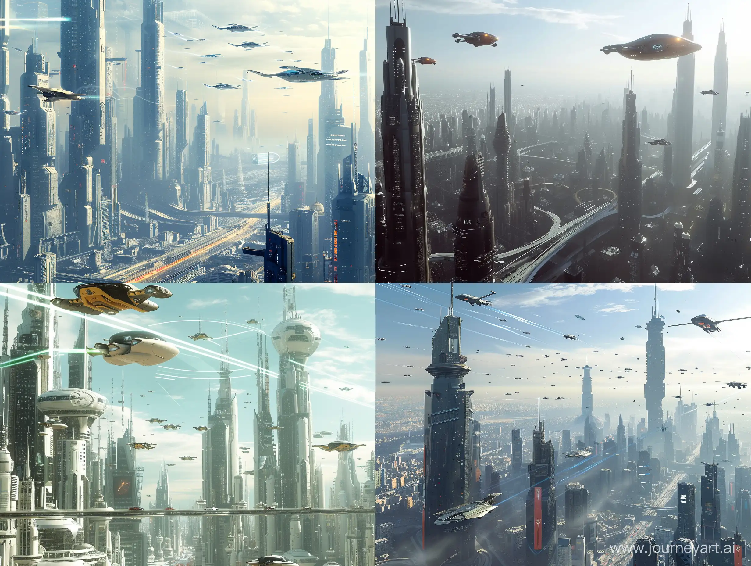 a futuristic city with flying cars an skyscrapers