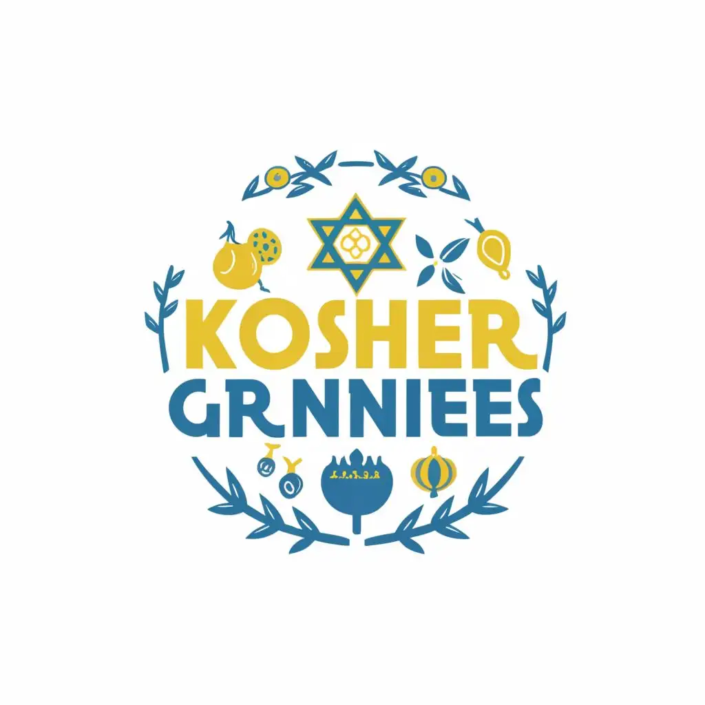 logo, Israel, Yellow, Blue, White, pomegranate, fig, Menorah, lemon, Joan Miro, Star of David,, with the text "Kosher Grannies", typography