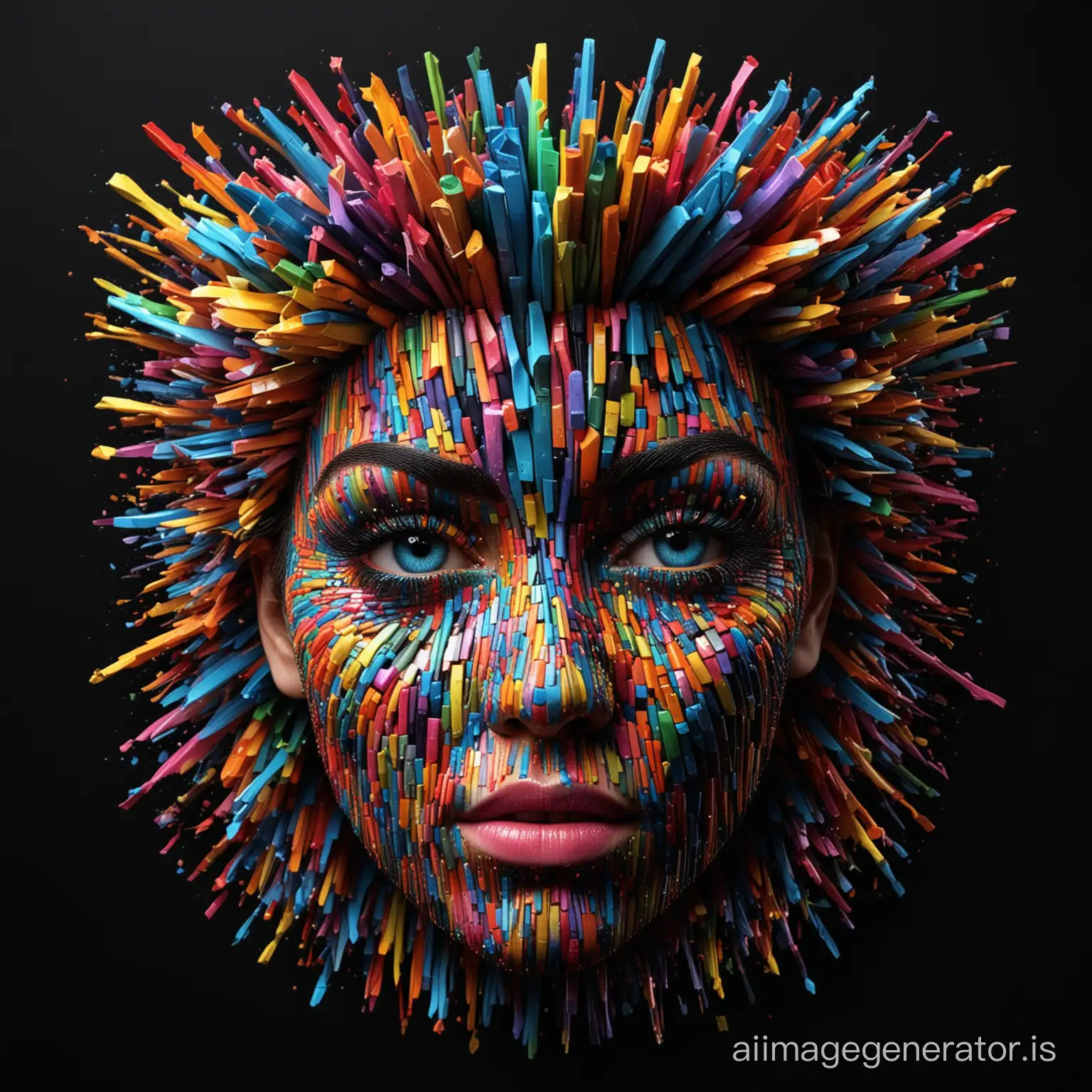 A colorful 3d girl face made from many colorful strikes in a black background.