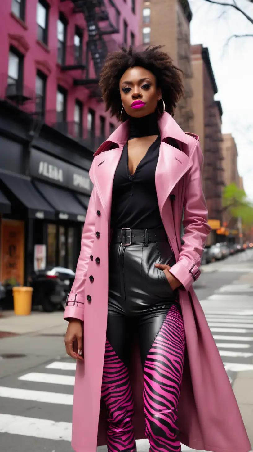   sexy, black, woman, wearing black leather pants, wearing Pink, Zebra striped, trench coat, standing downtown in Harlem NY, ultra 4k, high definition, view from Thighs up, light source from the front, facing subject